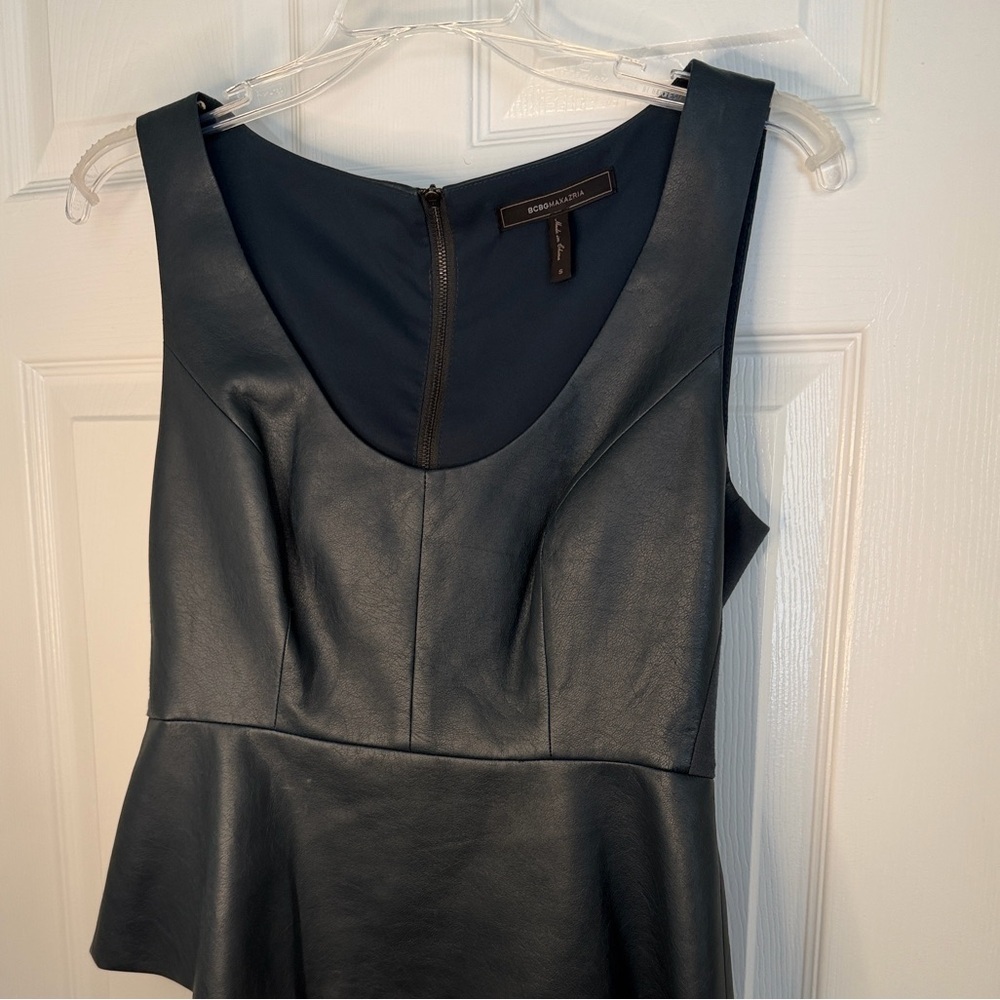 BCBGMAXAZRIA Faux Leather Peplum Top Sleeveless Teal Blue S